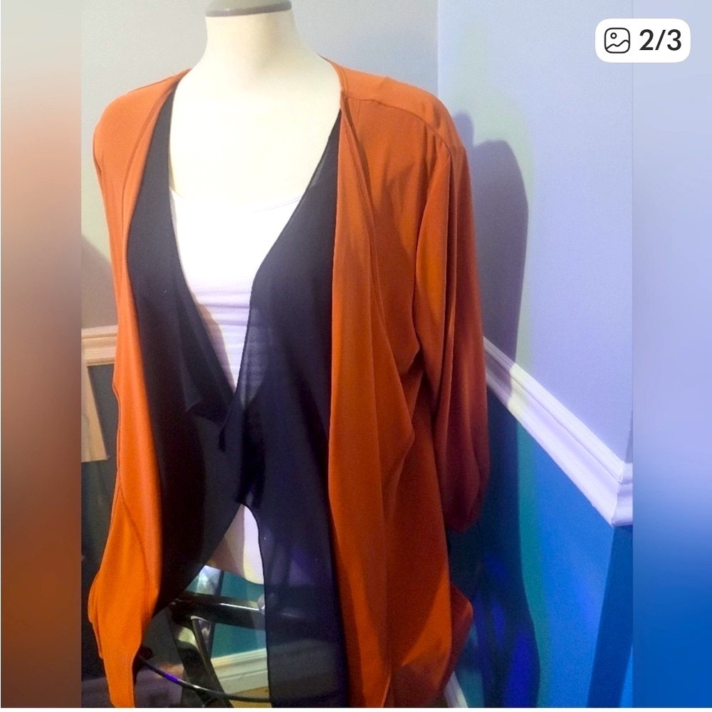 Picadilly Fashions Draped Open Front Cardigan Rust Orange Black L - Picture 3 of 4